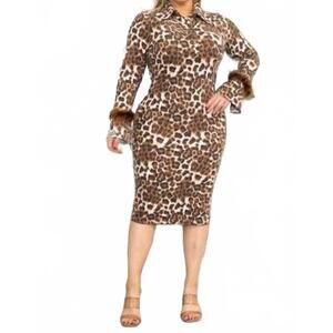 NEW KAREN T DESIGN feather trim detail dress in animal